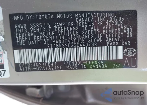 2005 Toyota Corolla Le z USA, uszkodzony, nr VIN 2T1BR32E35C440798